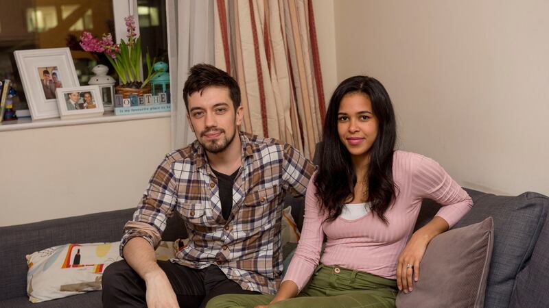 Daryl O’Leary with his wife Maiara dos Santos Carvalho at their rented apartment on Amiens Street, Dublin, in 2017. Photograph: Brenda Fitzsimons