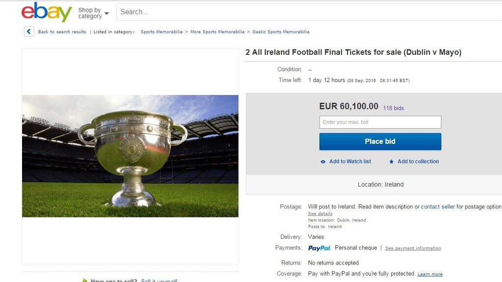 The top bid on the eBay auction page for a pair of All-Ireland tickets stood at a whopping €60,000 on Tuesday evening, but huge bids made on the tickets in the past two days are not likely to be legitimate. Photograph: eBay screengrab