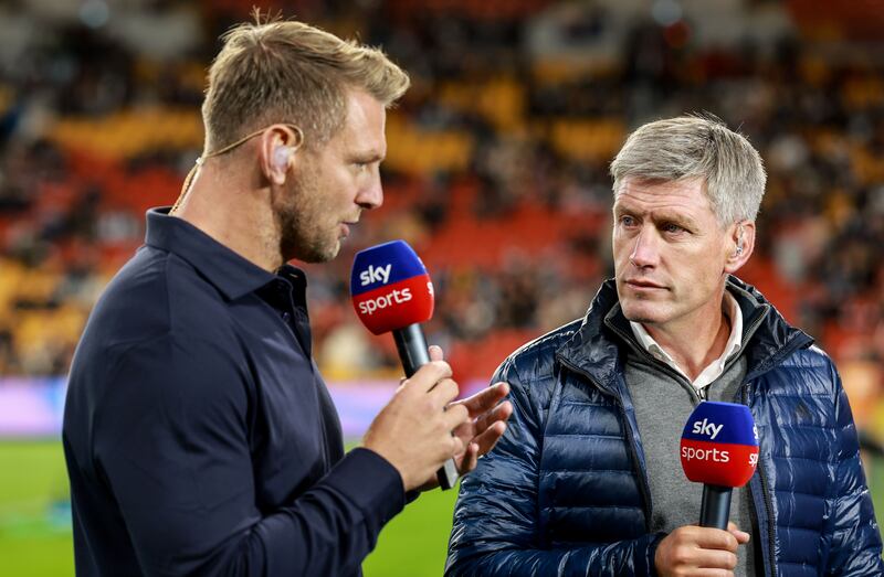 Dan Biggar and Ronan O'Gara providing punditry at the Queensland Reds vs British & Irish Lions match at Suncorp Stadium, Brisbane on July 2nd. Photograph: Dan Sheridan/Inpho
