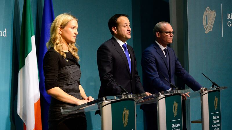 Minister of State for European Affairs Helen McEntee, Taoiseach Leo Varadkar and Tánaiste and Minister for Foreign Affairs Simon Coveney make a statement on Brexit negotiations on Monday evening at the Government Press Centre in Dublin. Photograph: Cyril Byrne