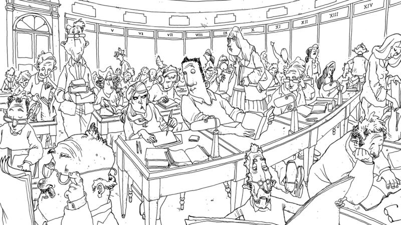 An illustration by Alan Clarke showing Ross in the National Library Reading Room, which was specially commissioned by the library. Illustration: Alan Clarke