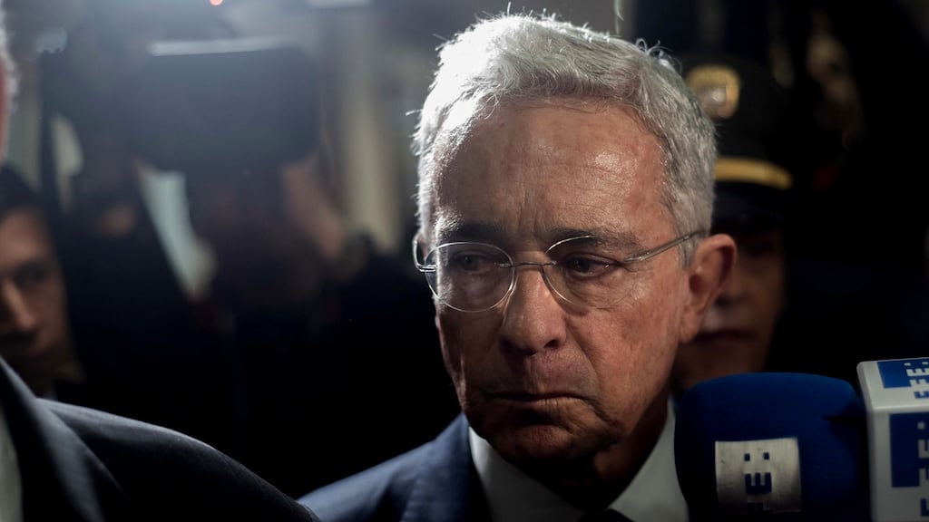 Former Colombian president Alvaró Uribe at the supreme court in 2019. He now faces up to a year of house arrest. Photograph: Juan Zarama/EPA