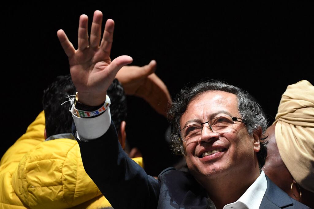 Newly elected Colombian president Gustavo Petro celebrates in Bogota on Sunday after winning the presidential runoff election. Photograph: Daniel Munoz/AFP via Getty Images