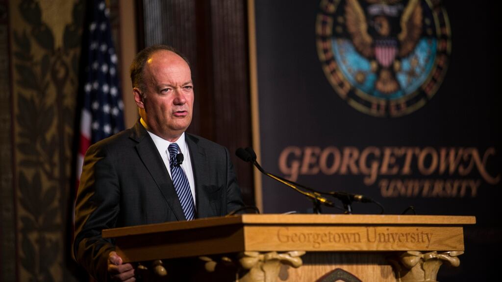 John DeGioia, president of Georgetown University, announces a series of steps to atone for institution’s sale of 272 slaves in 1838, at the school in Washington. Photograph: Gabriella Demczuk/the New York Times