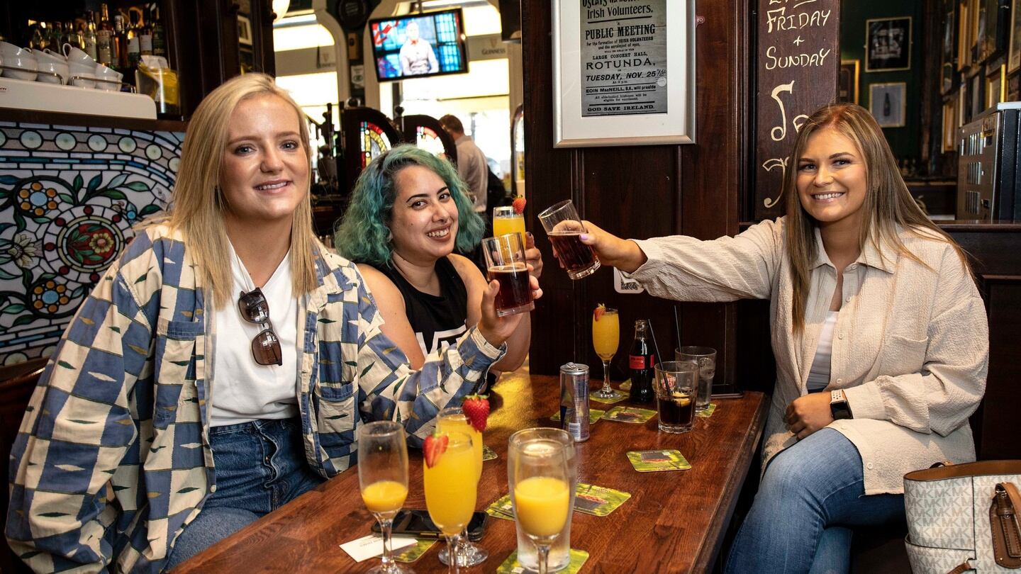 Siobhan Kinsella, Debbie Maguire and Emma Darcy enjoying a drink in Slattery’s Bar on Capel Street in Dublin. Photograph: Damien Eagers/PA Wire