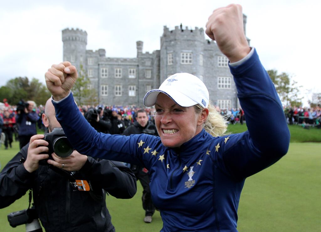 Suzann Pettersen celebrates Europe's 15-13 victory over the United States at the 2011 Solheim Cup at Killeen Castle Golf Club in Dunshaughlin, Co Meath. Photograph: Andy Lyons/Getty Images