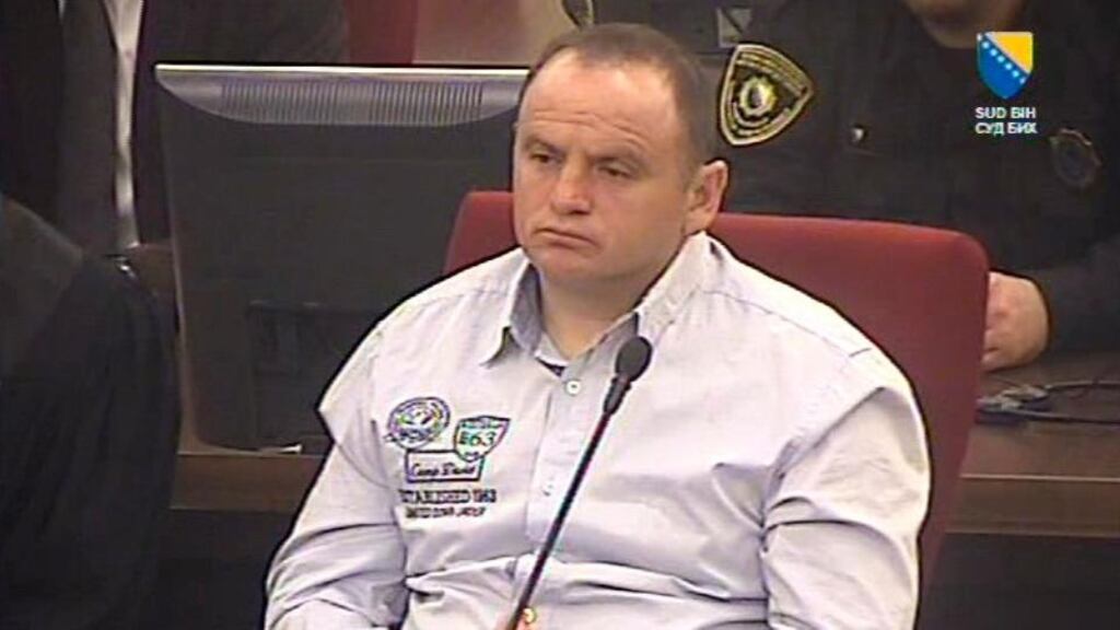 Veselin Vlahovic during his sentencing hearing in the Court of Bosnia and Herzegovina today. The Montenegrin former warlord has been jailed for 45 years for murder, rape and torture of non-Serb civilians in Sarajevo during the Bosnian war. Photograph: Court of Bosnia and Herzegovina/Reuters