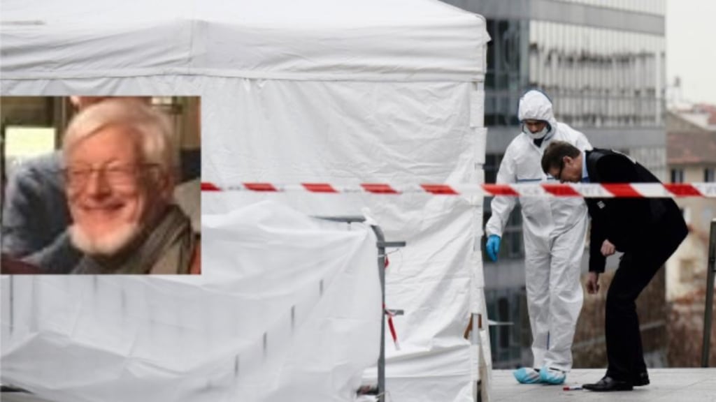 Edited image: Forensic police in front of the main entrance of the Pôle Universitaire Léonard-de-Vinci where John Dowling (inset), a 66-year-old teacher from Ireland, was stabbed to death. Photograph: Philippe Lopez/AFP/Getty Images