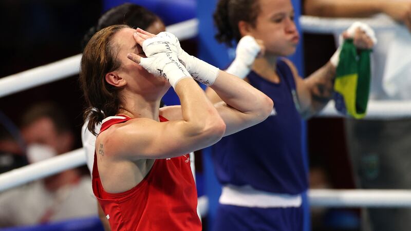 Kellie Harrington celebrates winning the gold medal in the women’s lightweight final at the 2020 Olympic Games in the Kokugikan Arena, Tokyo, Japan. Photograph: James Crombie/Inpho
