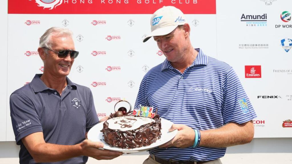 South Africa’s Ernie Els receives a birthday cake during the Hong Kong Open at Fanling. Photograph: Ian Walton/Getty Images