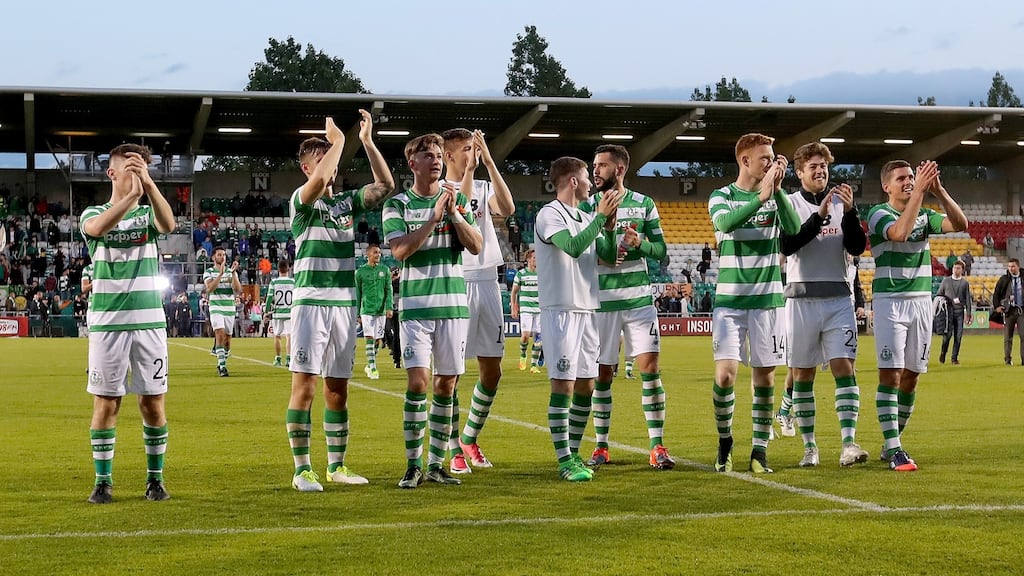 Shamrock Rovers’ players celebrate after going through against Stjarnan. The will need to improve if they are to progress past Mlada Boleslav. Photograph: Bryan Keane/inpho