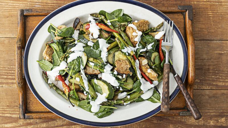 Roasted spring greens, crunchy sourdough, goat’s cheese dressing. Photographs: Harry Weir