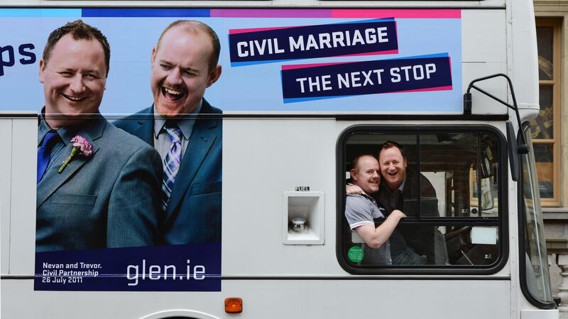 Trevor Boland and Nevan Bermingham celebrate the first  anniversary of their civil partnership,  at a Glen photocall.  Photograph: Alan Betson