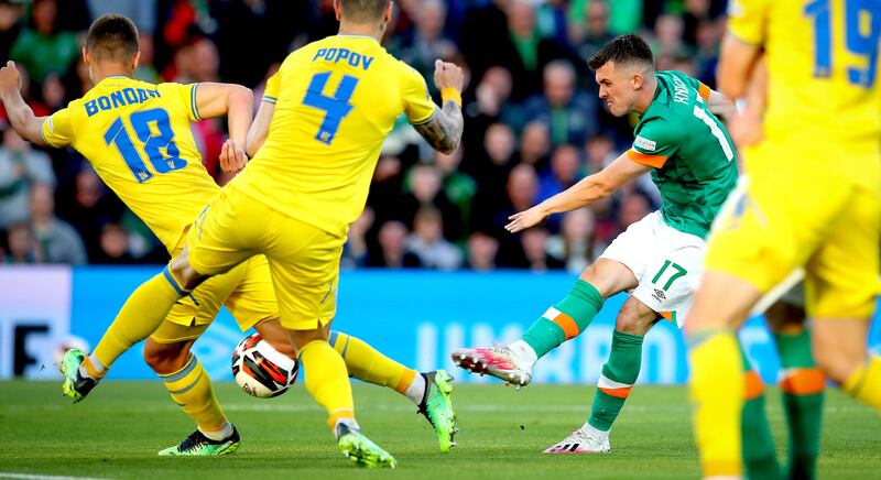Ireland’s Jason Knight shoots on goal. Photograph: Ryan Byrne/Inpho