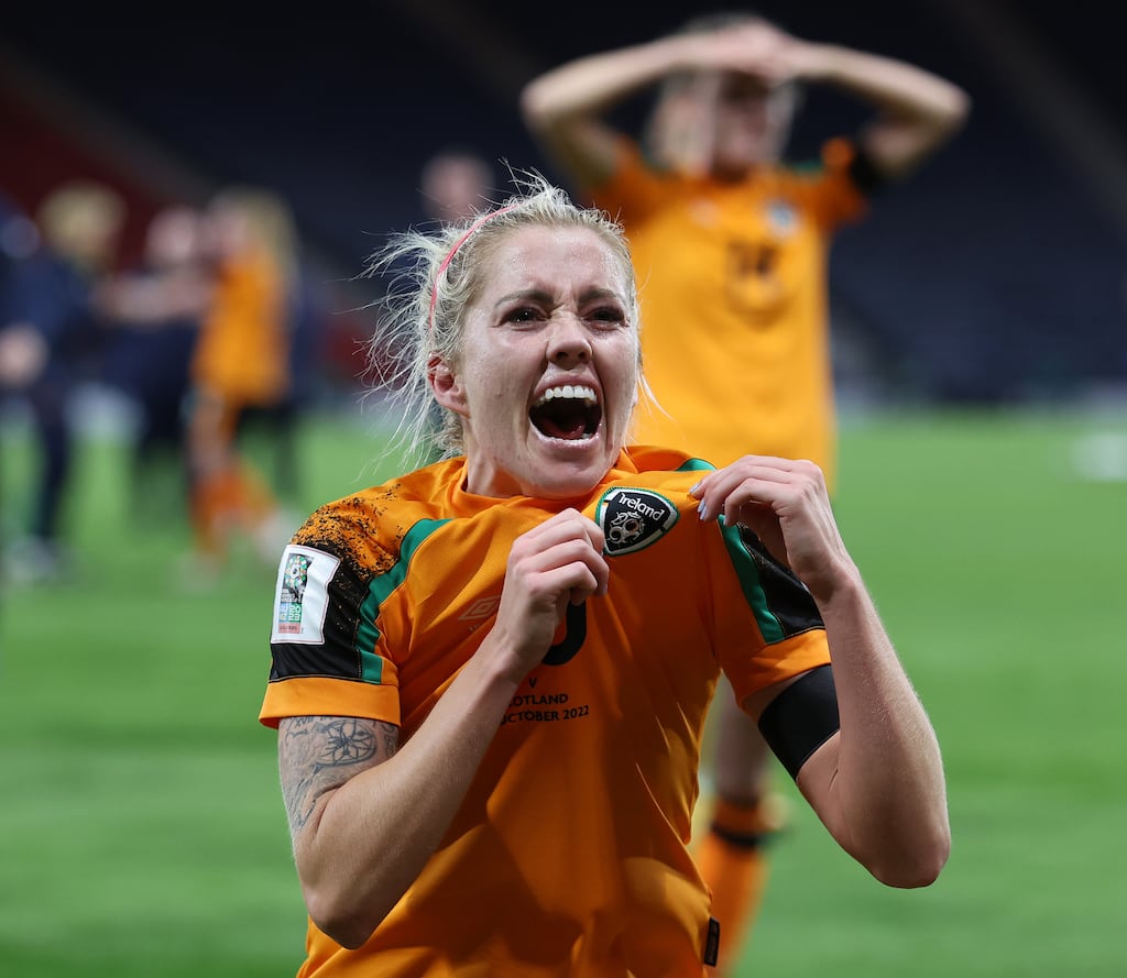 Denise O'Sullivan celebrates Ireland's qualification for the World Cup was secured against Scotland at Hampden Park. Photograph: Ian MacNicol/Getty Images