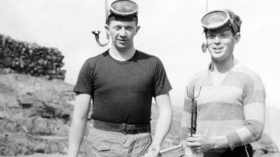 Underwater adventures: Mick Moriarty and Capt Mick McDonough preparing to go spearfishing at Greystones, Co Wicklow, in 1958