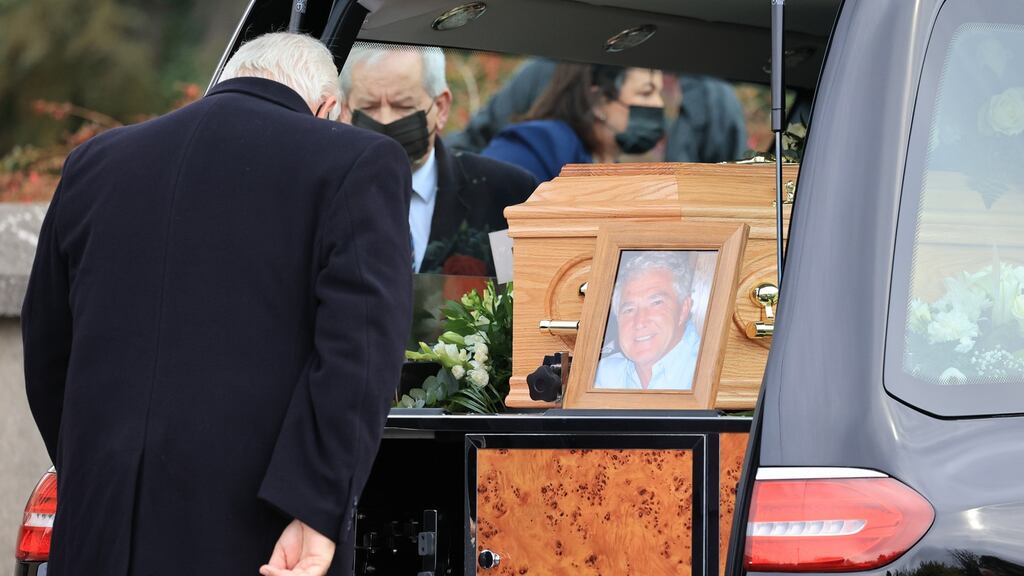 The remains of the former chairman of Anglo Irish Bank, Sean Fitzpatrick, arrive at the Holy Rosary Church in Greystones, for his funeral mass. Photograph: Nick Bradshaw