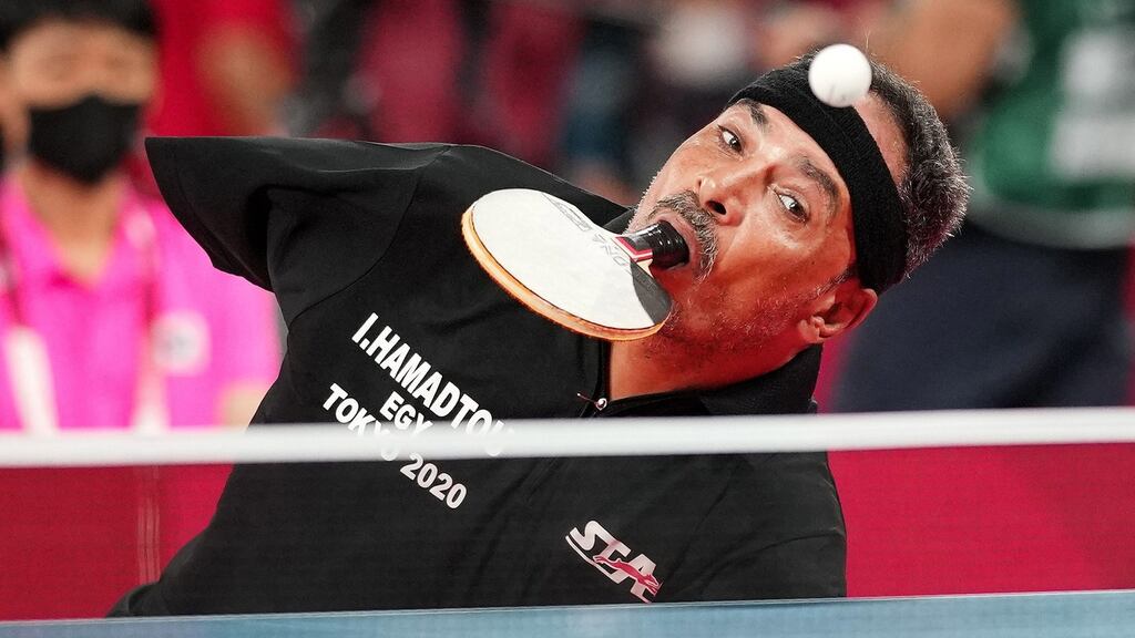 Ibrahim  Hamadtou of Egypt  competes in his men’s singles table tennis match at the 2020 Tokyo Paralympics on Wednesday.  Photograph: Chang W Lee/New York Times
