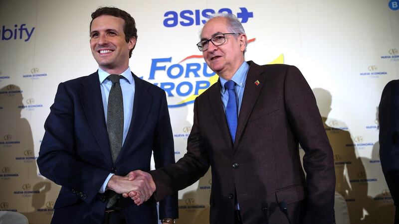 Leader of the right-wing People’s Party, Pablo Casado (left), accused prime minister Sánchez of ‘high treason’ by discussing Spain’s territorial model with Catalan nationalists. Photograph: Emilio Naranjo/EPA