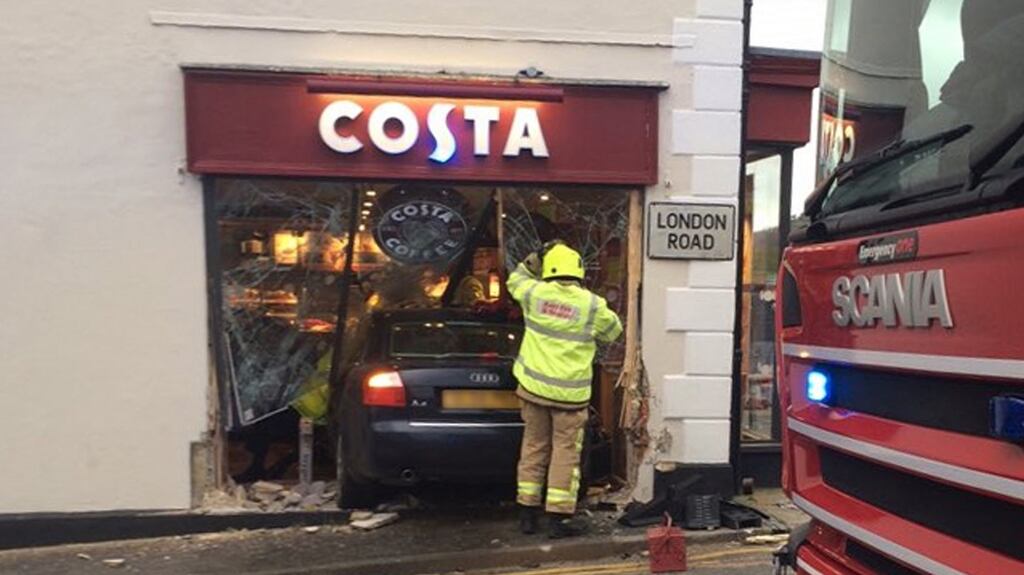 A photo taken with permission from the Twitter feed of Sally Pendleton of a car that crashed into the front of a Costa coffee store in Westerham, Kent, England. Photograph: Twitter/Sally Pendleton/PA Wire.