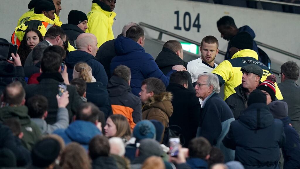 Tottenham Hotspur’s Eric Dier confronts a supporter in the stands following the FA Cup fifth round match against Norwich City. Photo: PA Wire