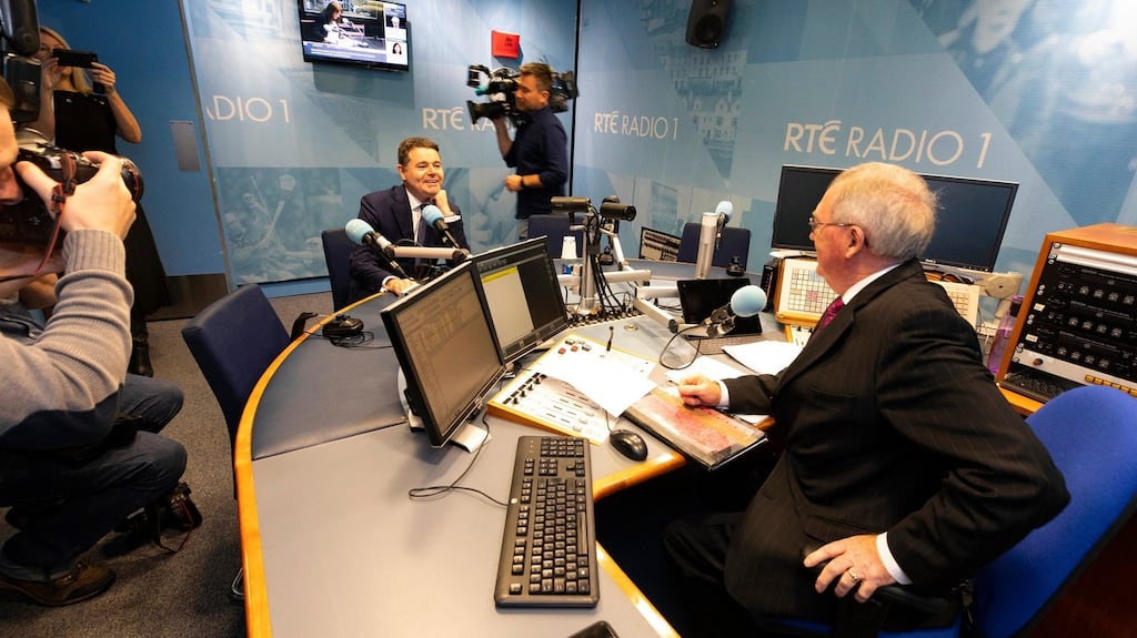 Minister for Finance Pascal Donohoe with RTÉ Radio 1’s Sean O’Rourke: Budget 2020 delivers increases in the number of subsidised childcare hours available to most families. Photograph: Kinlan Photography
