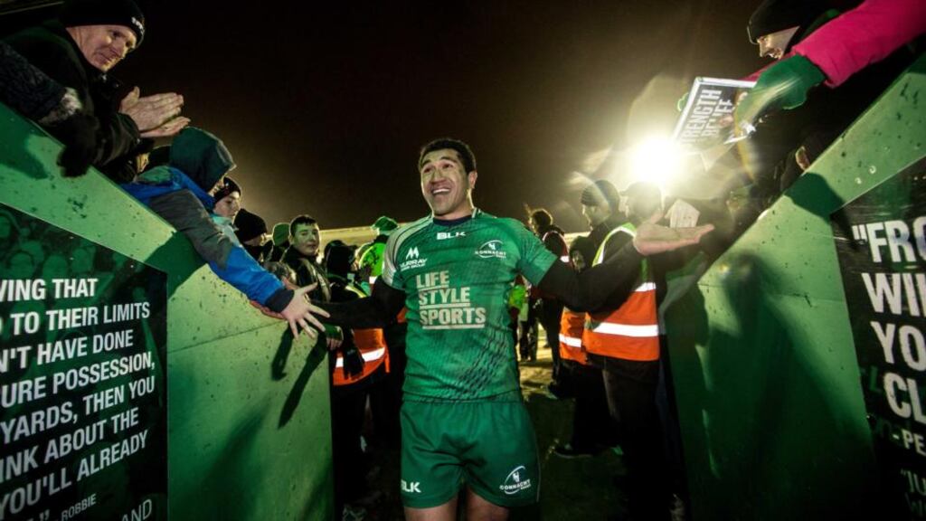 Connacht’s Mils Muliaina celebrates after last week’s win over Munster at the Sportsground in Galway. Photograph: James Crombie/Inpho