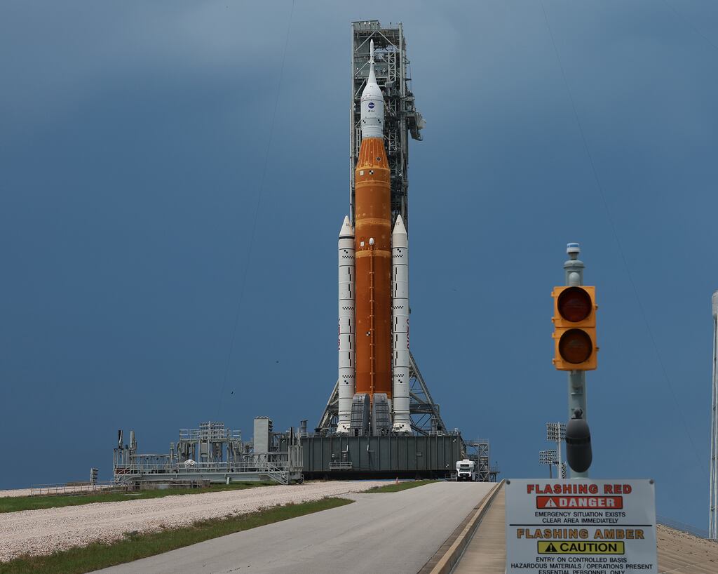 Nasa’s Artemis 1 rocket sits on launch pad 39-B at Kennedy Space Center. Photograph: Joe Raedle/Getty Images