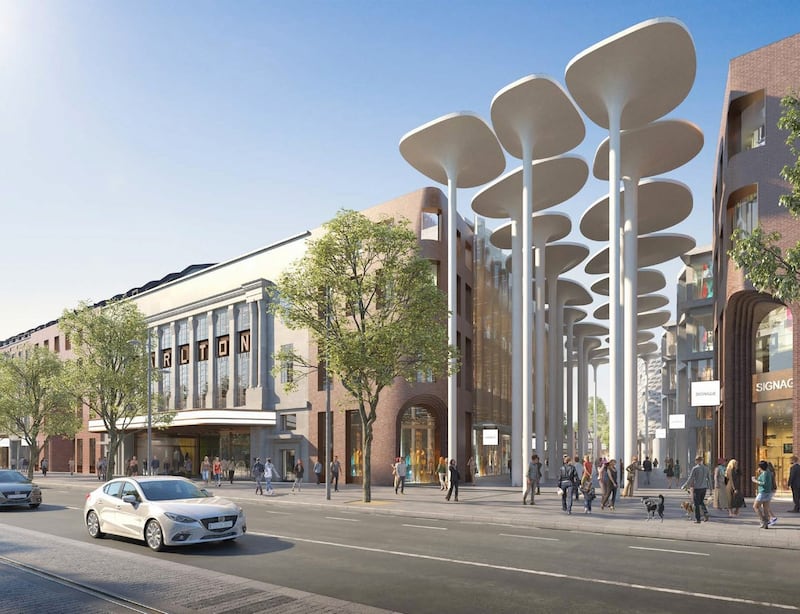 A computer-generated image of the master plan presents a striking image in the use of a canopy of tall lily-pad-like structures to shelter the new pedestrian street from the elements.