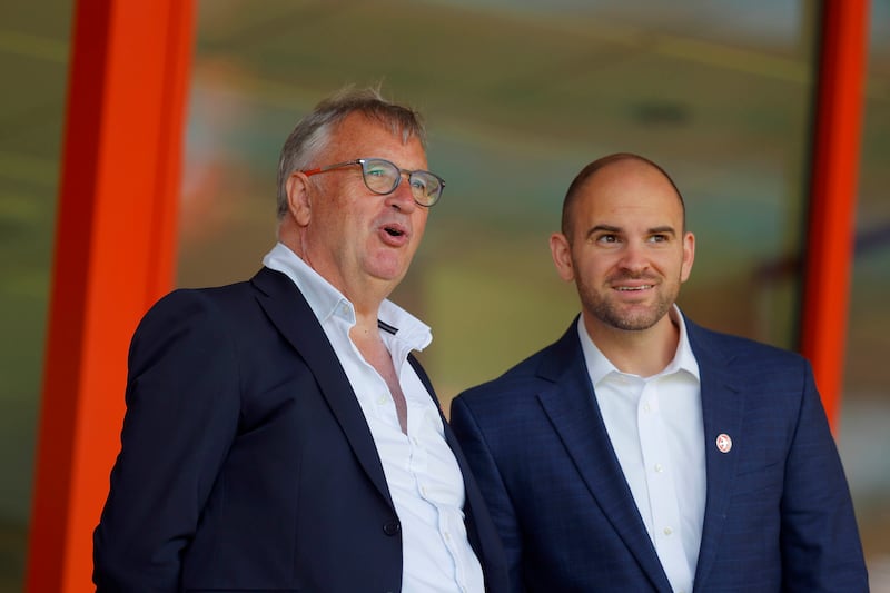 Walsall co-chairman Leigh Pomlett and Walsall, Drogheda and Silkeborg co-chairman Ben Boycott. Photograph: Malcolm Couzens/Getty Images