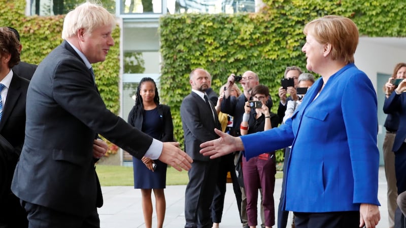 German chancellor Angela Merkel shakes hands with Britain’s prime minister Boris Johnson as they meet at the Chancellery in Berlin, Germany on August 21st, 2019. Photograph: Fabrizio Bensch/Reuters.
