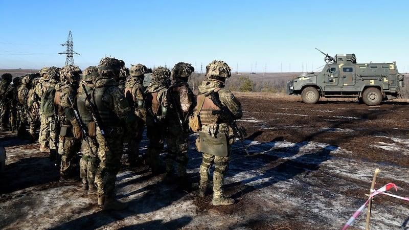 Ukrainian servicemen taking part in exercises. Photograph: Armed Forces of Ukraine/AFP via Getty Images