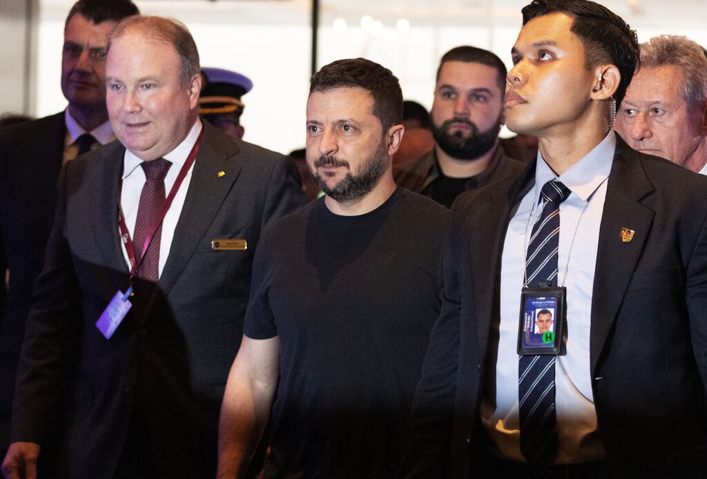 Ukrainian president Volodymyr Zelensky arriving at the Shangri-la Hotel to attend Asia’s biggest security conference, the Shangri-La Dialogue, on Saturday. Photograph: How Hwee Young/EPA