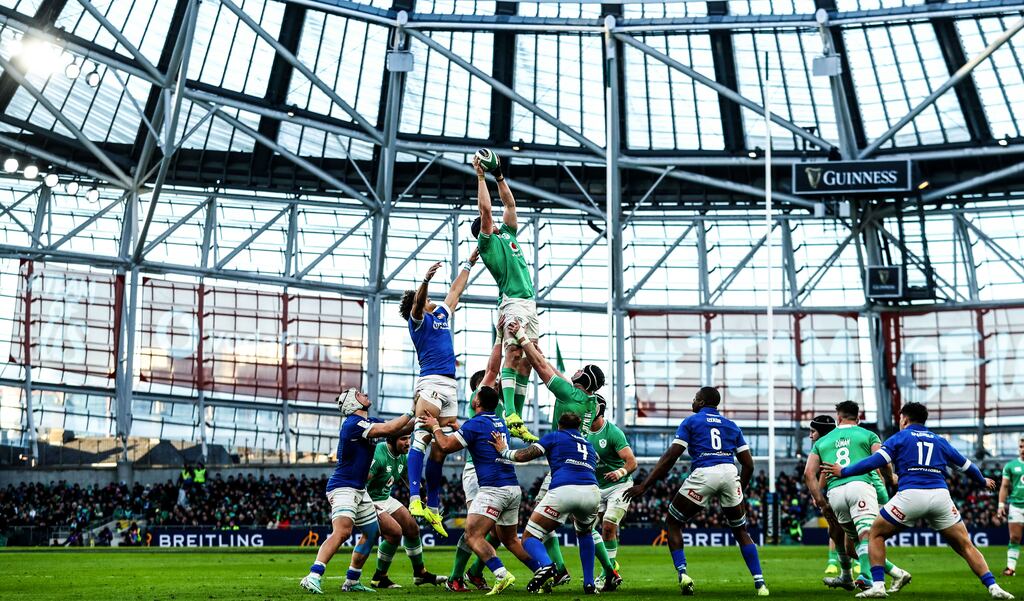 Ryan Baird of Ireland soars high at a lineout to collect the ball against Six Nations opponents Italy at the Aviva stadium this weekend. Photograph: Ben Brady/Inpho