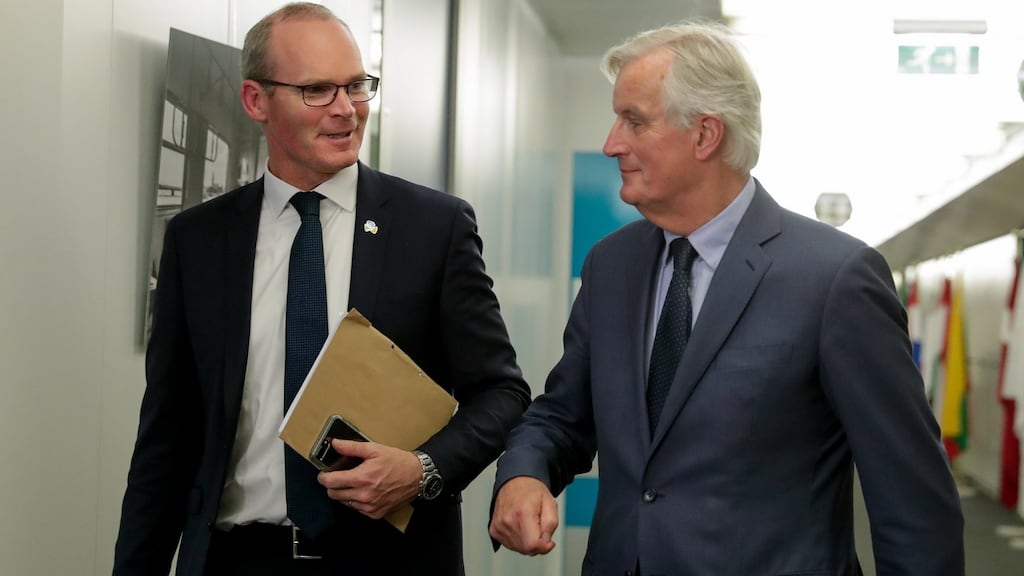 Minister for Foreign Affairs Simon Coveney and the EU’s chief Brexit negotiator, Michel Barnier, ahead of talks at the European Commission. Photograph: Stephanie Lecocq/EPA