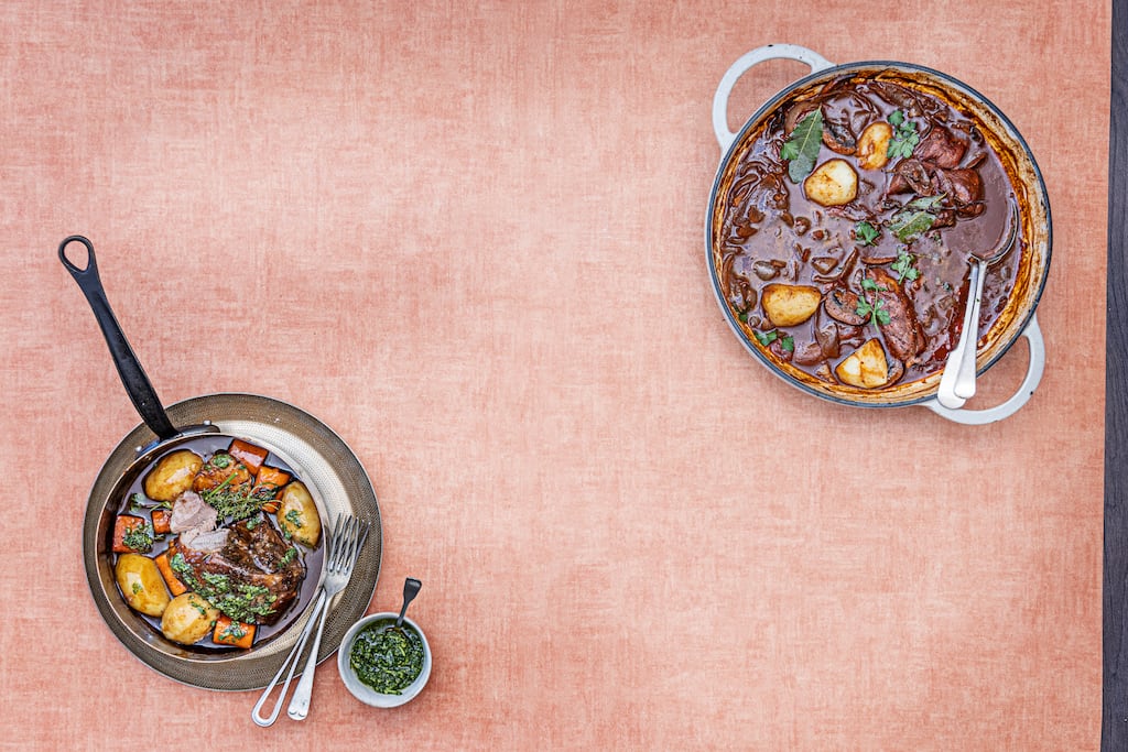 One pot wonders: Pot roasted lamb shoulder with rosemary and garlic and classic chicken chasseur. Photograph: Harry Weir