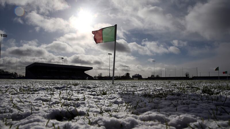 A view of the snow-covered playing surface at Inniskeen after the match between Monaghan and Kerry was called off on Sunday. Photograph: John McVitty/Inpho
