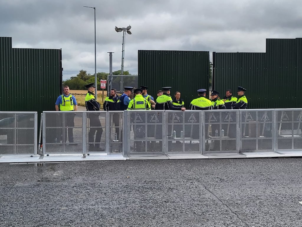 An Garda Siochána moved significant resources into place around the Thornton Hall site in north Co Dublin two weeks ago as contractors have moved on to the lands to prepare it as accommodation for international protection applicants. Photograph: Conor Lally
