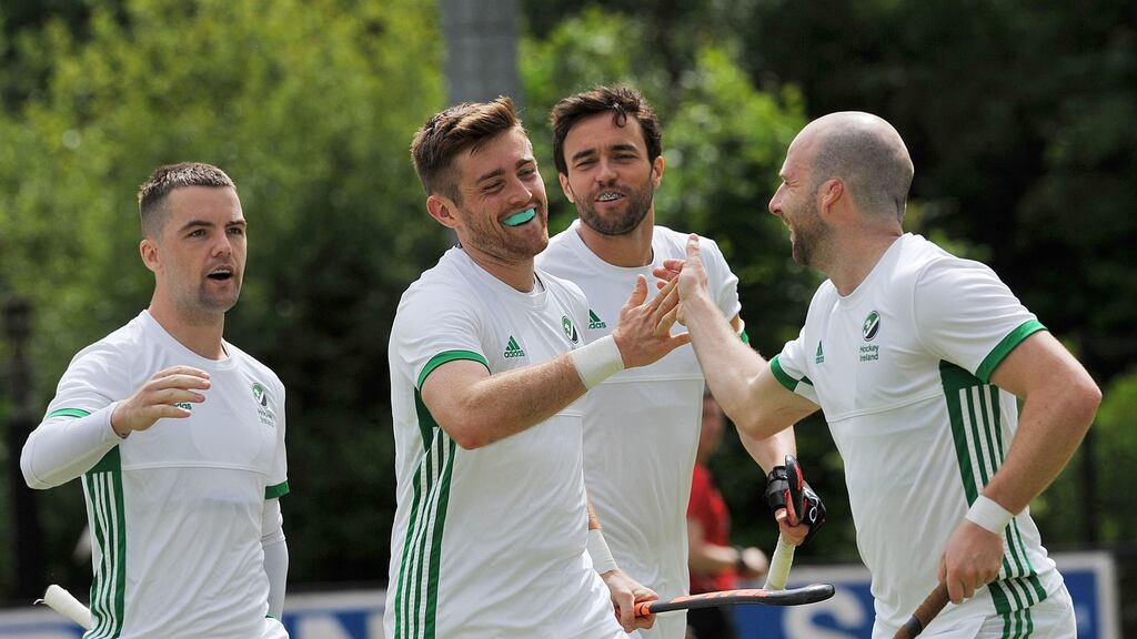 Ireland’s Maurice Elliot celebrates with Shane O’Donoghue during a Test match against Pakistan in June. Photo: Mervyn McClelland/Inpho