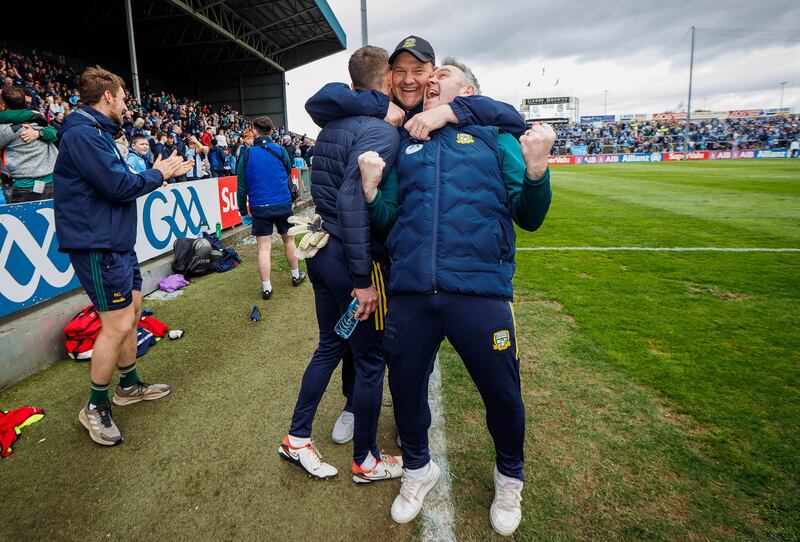 Meath manager Robbie Brennan celebrating with Shane Supple near the end of the game against Dublin. Photograph: Ryan Byrne/Inpho