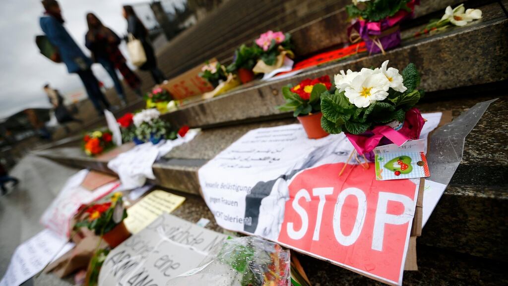 Flowers and posters are placed in the square between the city cathedral and the railway station in Cologne, Germany, January 11th, 2016, where the vast majority of dozens of New Year Eve assaults on women took place. Some of the messages read “Sexual harassment against women will be NOT tolerated”. Photograph: Wolfgang Rattay/Reuters