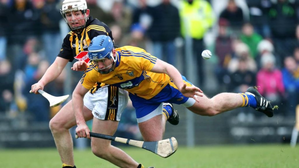 Clare’s Conor Ryan and Pádraig Walsh of Kilkenny in action during the Allianz Hurling League Division 1A clash at Cusack Park in Ennis. Photograph: Ryan Byrne/Inpho