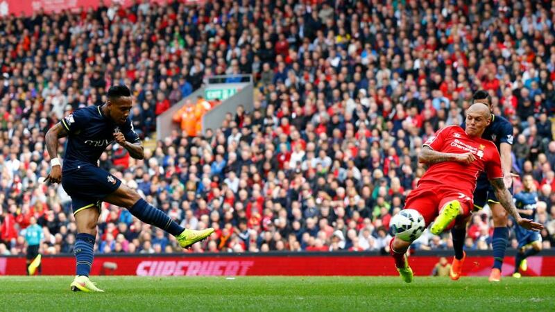 Southampton’s Nathaniel Clyne (left) equalises against Liverpool at Anfield. Photograph: Darren Staples / Reuters