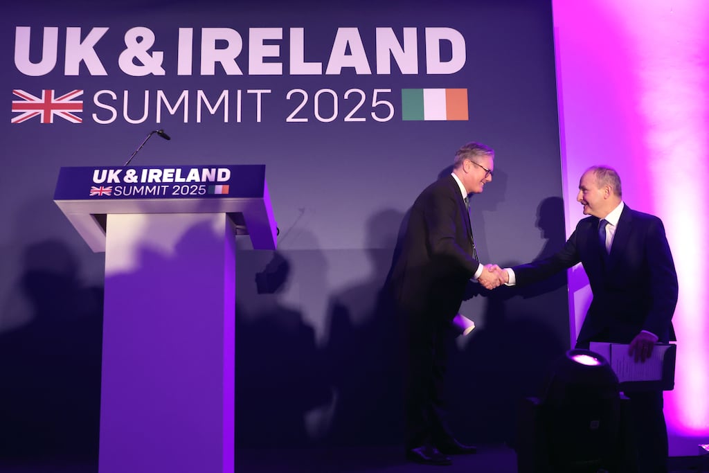 British Prime Minister Keir Starmer shakes hands with Taoiseach Micheál Martin during a cultural reception ahead Of UK/Eire Summit in Liverpool, England. Photograph: Cameron Smith/ Getty Images.
