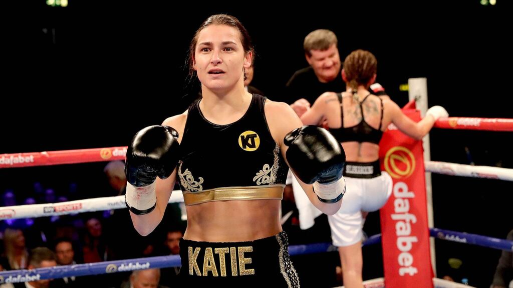 Katie Taylor celebrates her win at the SSE Arena, Wembley, London. Photograph: ©INPHO/Ryan Byrne