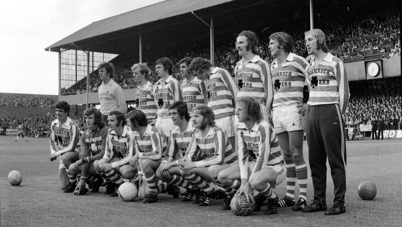 The all-Ireland team that played Brazil. (Back L-R) Miah Dennehy, Tommy Craig, Paddy Milligan, Martin O'Neill, Derek Dougan, Allan Hunter, Liam O'Kane and Alan Kelly (goalkeeper who didn't play) (Front L-R) Bryan Hamilton, Pat Jennings, Tommy Carroll, John Giles, Don Givens, Terry Conroy, and Mick Martin. Photograph: Dermot O'Shea/The Irish Times