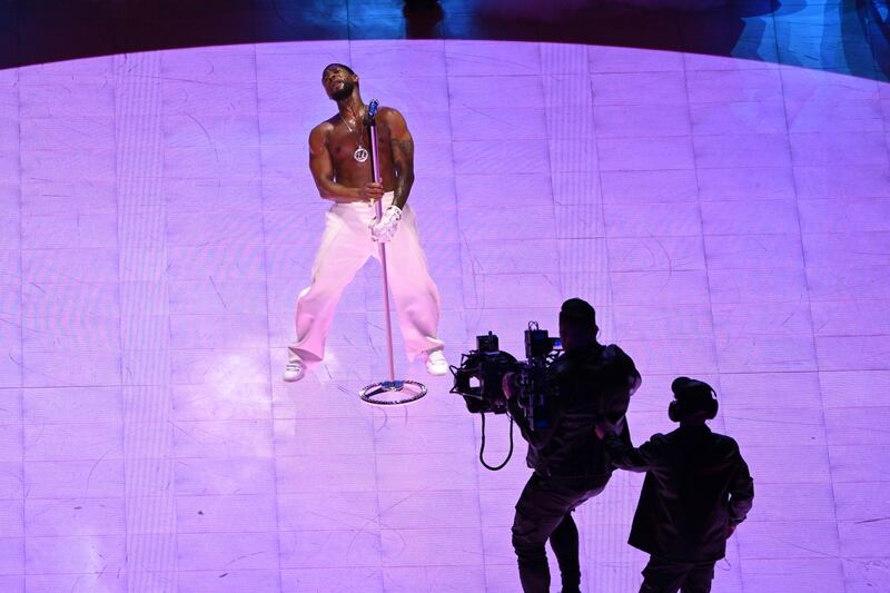 Usher performing during halftime show of Super Bowl LVIII. Photograph: Bridget Bennett/New York Times
