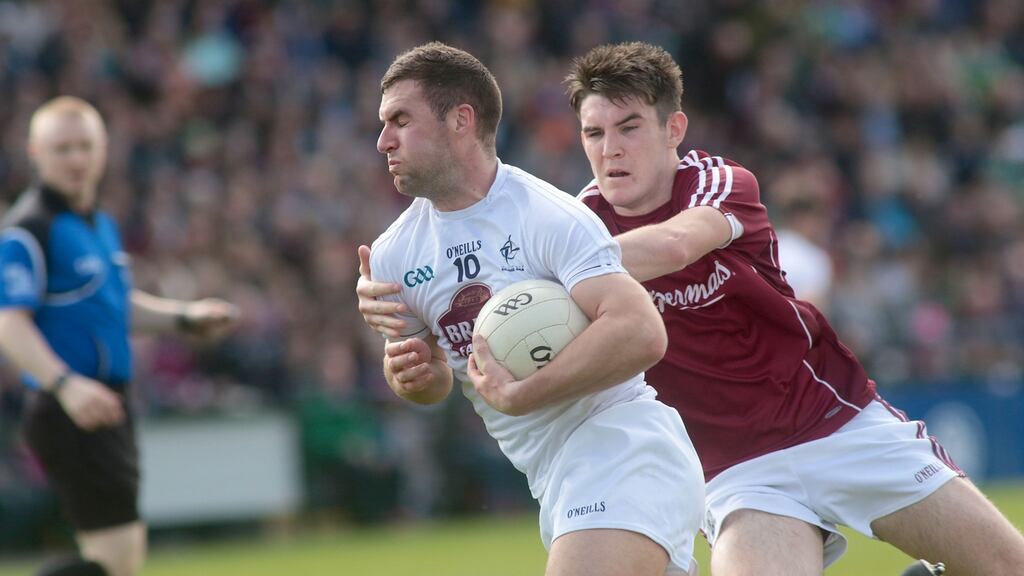 Kildare’s Eddie Heavey and Barry McHugh of Galway in the sides’ Allianz league game last Sunday. Photograph: Mike Shaughnessy/Inpho