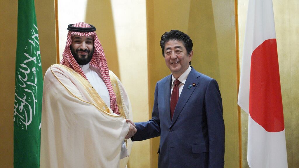 Saudi Arabia’s Crown Prince Mohammed bin Salman and Japanese prime minister Shinzo Abe: Japan, which is reeling from the impact of Fukushima on its energy policy, is the world’s third-largest financial supporter of coal. Photograph: Eugene Hoshiko