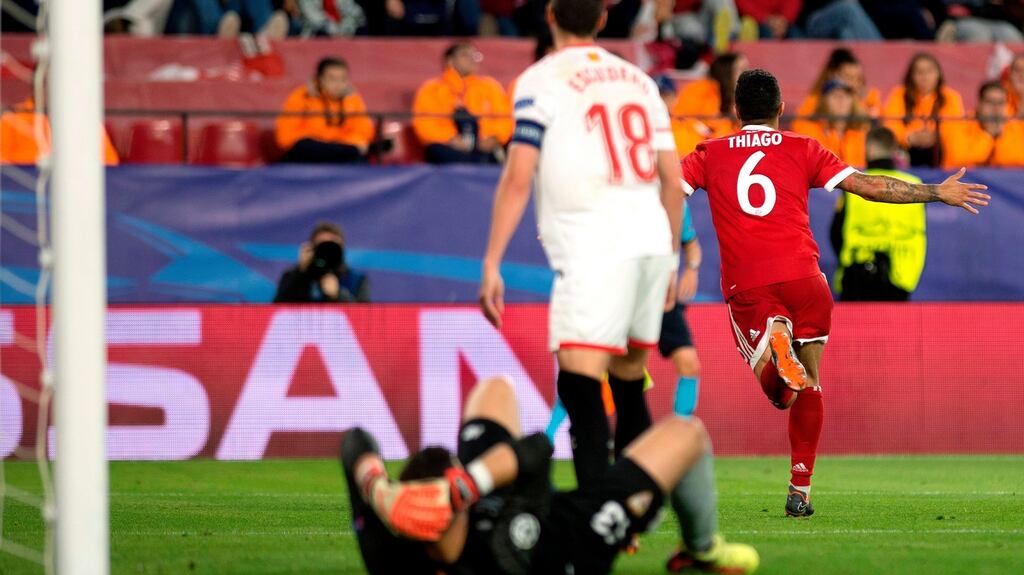 Thiago Alcantara celebrates Bayern Munich’s winner against Sevilla. Photograph: Jorge Guerrero/AFP